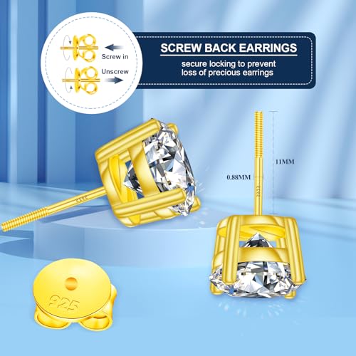 Moissanite Stud Earrings Screw Back 0.2-8 Carats (3-10mm) Moissanite Earrings for Women Men 18k Gold Plated 925 Sterling Silver Stud D Color VVS1 Clarity Round Cut Solitaire Earrings Jewelry Gifts4