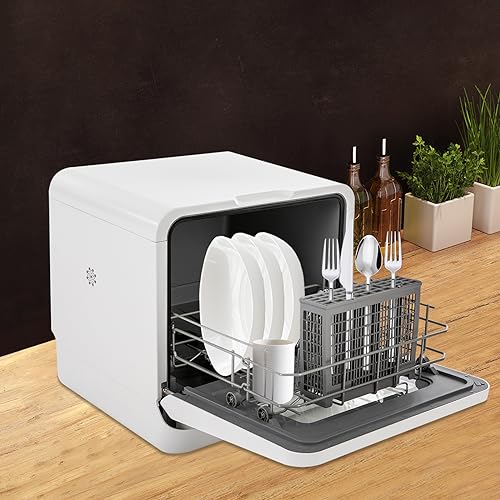 Countertop Dishwasher,Portable Dishwasher with Water Inlet Pipe & Drainage Pipe,120V Compact Portable Tabletop Dish washer 360° Deep-Cleaning for Small Apartments Dorms RVs 17.32x16.25x16.69in,White