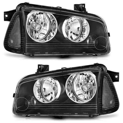 WEELMOTO for 2006-2010 Dodge Charger Headlights Assembly with Black Corner Singal Light Headlamp Replacement for 06-10 Dodge Charger 4-Door Sedan Models Headlight with Side Marker Corner light