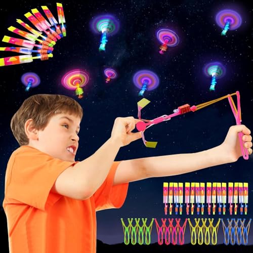 Helicóptero Vuelo, 16 Piezas LED Lanzador de Cohetes para Niños Noche Volando, Tirachinas Luminosos, Actividades y Juegos al Aire Libre para Niños y Adultos