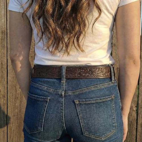 Image of BC Belts Western Leather Belt Strap - 1.5 inch Wide with Embossed Scrollwork Without Buckle for Men & Women, Cowboy /Cowgirl Style