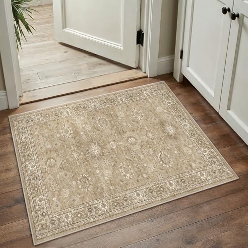 2x3 Brown Entryway Area Rug Machine Washable Doormat Kitchen Vintage Distressed Non Slip Carpet Indoor Traditional Floral Accent Throw Small Rug for Bathroom Office Bedroom Living Dining Roo