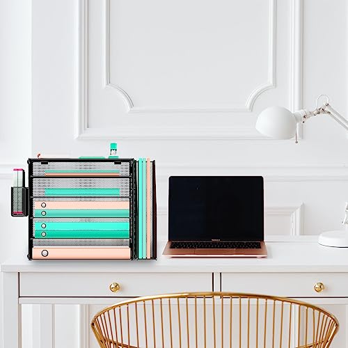GDINDINFAN 5 Tier Mesh Desk Organizer, Paper Letter Tray with Pen Holder and 1 Extra Vertical File Sorter for Office Supplies, Black - Thumbnail 7