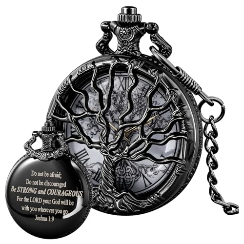 Image of Tiong Pocket Watch Hollow Tree of Life Design Roman Numerals Engraved Bible Verse Quartz Pocket Watch with Chain Custom Pocket Watch Birthday Gifts