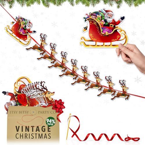 Premium Reusable Christmas Bunting - Santa and Reindeer Christmas Banner Hanging Xmas Decorations for Indoors Paper Xmas Wall Banister Fireplace or Window Decor by Itsy Bitsy Party Co