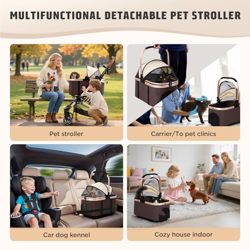 Gimars Upgrade 4 in 1 Katzenwagen & Hundewagen Bis 20kg Klappbar,360° Gummireifen Katzen Wagen Mit Hinterradbremse, Hundebuggy Mit Regenschutz Einziehbare Zugstange Für Kleine Hunde Katze Khaki