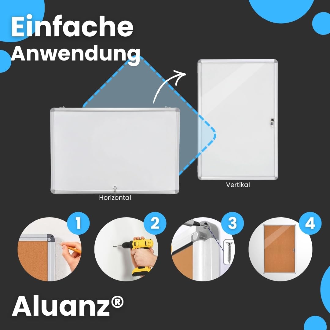 Schaukasten DIN 4 x A4 - Infokasten mit Magnetischer Whiteboard-Rückwand, Notiztafel, Abschließbarer Plakatschaukasten mit Schloss für Büro, Schule, Hotel - Wand-Montage - 50 x 67 x 3 cm
