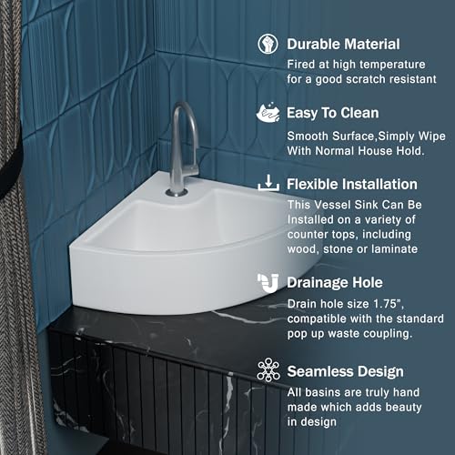 Image of Meta Bathware Premium Corner Wash Basin | Wall Mount And Table Top Ceramic Sink for Bathroom | Scratch Resistant & Easy Clean | Elegant White Glossy Finish (16.5x15x5 Inch)