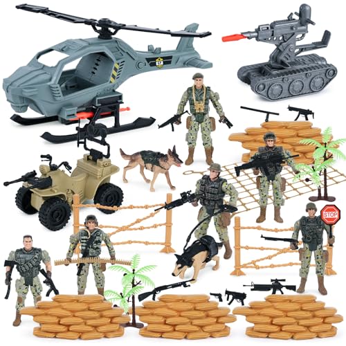 AMOR PRESENT 41PCS Army Soldier Set, Special Force Action Figure with Weapons, Army Dogs, Helicopter, Military Soldier Playset