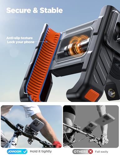 Image of JOYROOM Motorcycle Bike Phone Holder Mount - [Not Block Camera] Bicycle Phone Holder Handlebar Cell Phone Clamp - [Silicone Wrapped] Scooter Phone Holder for iPhone 4.7''-7'' Smartphones, Orange