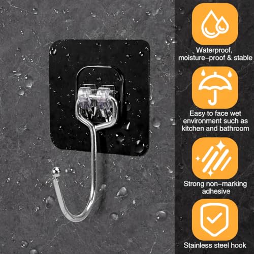 Image of 6 PCS Black Self Adhesive Wall Hooks Heavy Duty Sticky Wall Hanger Hooks Nail Free Waterproof Hooks for Bathroom Kitchen Home Office Towels Utensils Hanging Without Drilling Strong Hold
