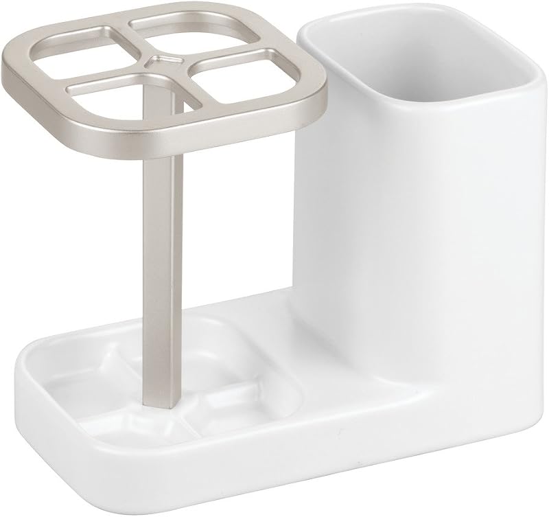 Sedona Soporte de cerámica para cepillos de dientes y pasta de dientes para encimera de tocador de baño o gabinete de medicina -5.75" x 3.10" x 4.49", blanco satinado/níquel | Para encimera de tocador de baño o gabinete de medicina