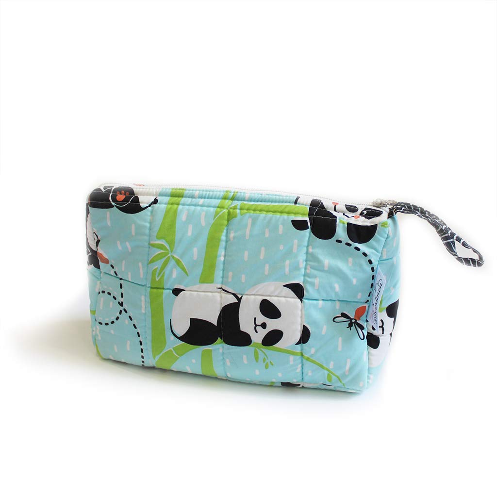 Silverlinen Panda Village 100% Cotton Multipurpose Pouch with Waterproof Lining & Zipper (Size 9 in x 6.5 in) - Blue