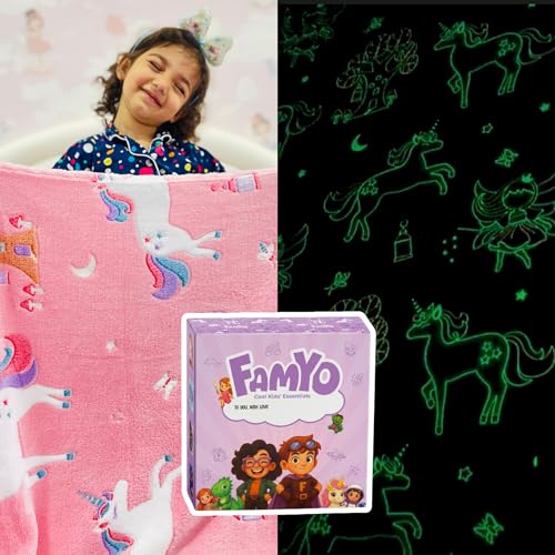 Image of Famyo Unicorn & Fairy Glow Blanket for Gifting for Kids | Birthday Gift for 0-15 yrs | AC Blanket for Children | Return Gifts & Party Favour | Perfect for Gifting for Niece /Nephew /Son /Daughter (Pink)