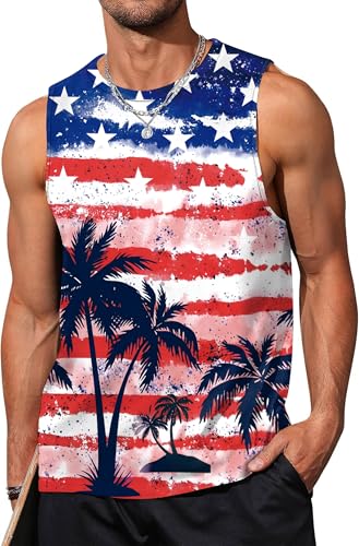 Image of Ithalt USA Tank Top Men 4th of July Patriotic Sleeveless American Flag Workout Shirt Summer Beach Independence Day