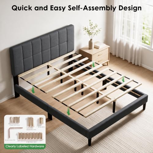 Image of Marsail Queen Bed Frame with Headboard,Sturdy Bed Frame with Solid Bed Slat