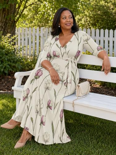 Image of SUZONANA Plus Size Dresses for Women Floral Print Maxi Dress Flowy 3 /4 Sleeve with Belt