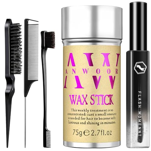5pc Hair Wax Stick, Slick Back Hair Brush & Fly Away Stick for Hair - Frizz Control for Women & Kids, Non-Greasy, Residue - Smooths Flyaways, Adds Shine & Defines Edges - Styling Accessories for Girls