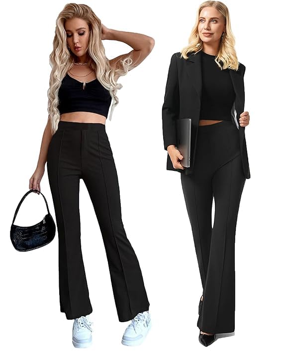 Image of VRENI Ribbed Stretchable Flared Pants for Women | Boot Cut Bell Bottom Pants for Women - Ideal for Yoga & Gym Wear, Casual Wear & Office Wear Trousers for Women