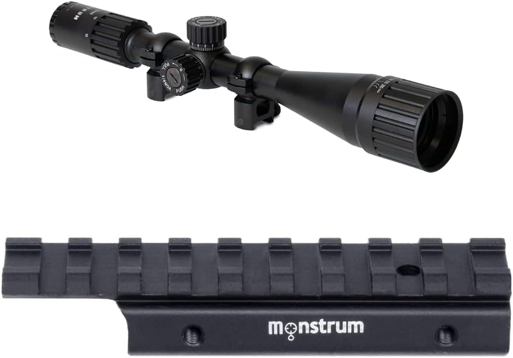 Monstrum Dovetail to Picatinny Rail Mount | 4-12x44 Rifle Scope with Adjustable Objective and Scope Rings | Bundle : Sports & Outdoors