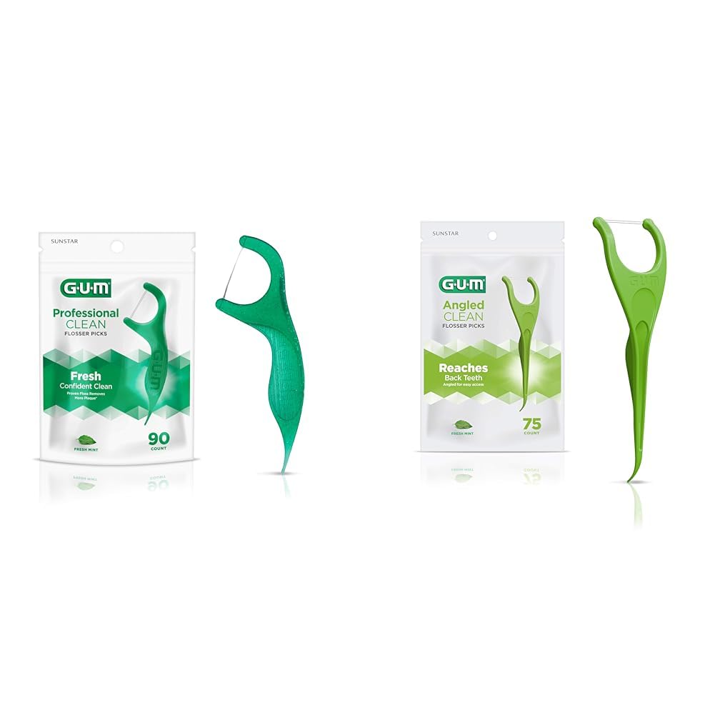 Bundle of GUM Professional Clean Flossers Extra Strong Flosser Pick, Fresh Mint, 90 Count + GUM Angled Flossers, Fresh Mint, 75 Count