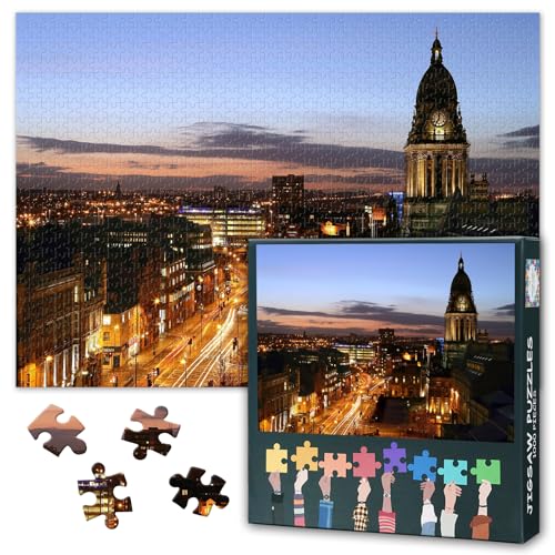 Leeds West Yorkshire Sunset Landscape Jigsaw Puzzle 1000 Pieces for Adults UK Cityscape Skyline Puzzle Golden Hour Wall Art Home Decor Living Room Challenge 27.5x19.7 Inch