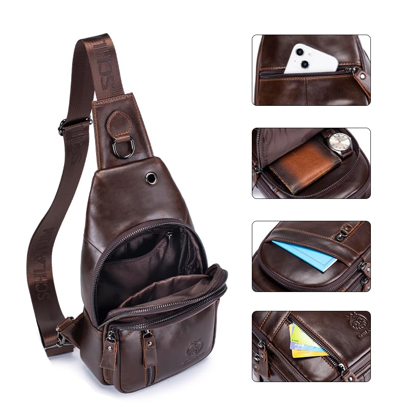 Image of Genuine Leather Crossbody Bag for Men Casual Sling Chest Bag Men Sling Bags Man Bag Crossbody, Coffee