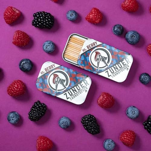 Zunder Zahnstocher | Zahnstocher mit Geschmack | 80 stück in stylischer Dose | perfekt geeignet zur Zahnreinigung, oder zum abgewöhnen unliebsamer Angewohnheiten (80 Stück, Beere)