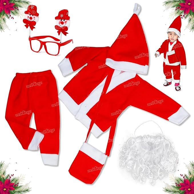 Zest 4 ToyzSanta Claus Dress for Kids Christmas Dress With Jacket, Pant, Cap, Goggles, Beard and Pouch Santa Dress for Boys and Girls - Red