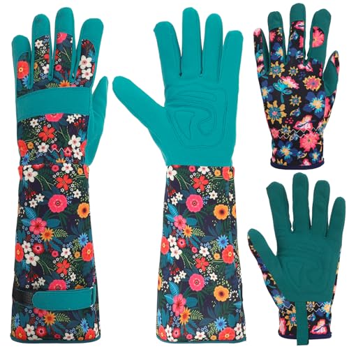 Vyuwast 2 Pairs Gardening Gloves for Women Short Long Leather Breathable Thorn Proof Protection Glove for Pruning Garden Safety Work Gloves Green