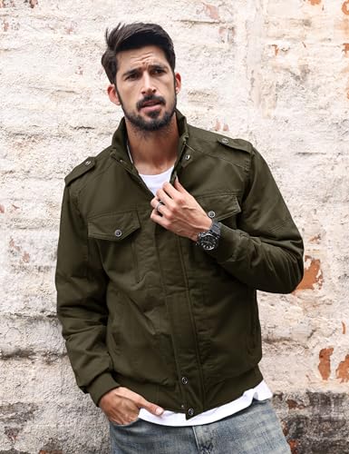 Image of TACVASEN Men's Lightweight Military Cotton Jacket Casual Windbreaker Coat | with zipper and hidden snap,stand collar,multi pockets,tactical m65 field cargo outerwear for winter & fall,utility windproof