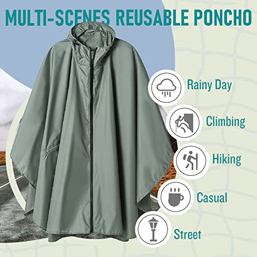 Regen Poncho Jacke Mantel für Erwachsene mit Kapuze wasserdicht mit Reißverschluss im Freien, Grasgrün