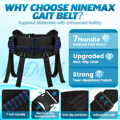 NINEMAX Gait Belt for Seniors, Gait Belt with Handles for Elderly, Medical Nursing Lift Gate Belts for Physical Therapy and Patients Walking Safety with Leg Strap and Quick Release Buckle (Blue) — view 3
