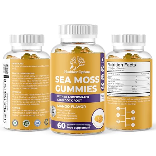 Healthier Options Irish Sea Moss Gummies with Bladderwrack & Burdock Root 5680 Mg | 60 Gummies | Mango Flavour | Vitamins & Minerals | Organic, Natural, Vegan, Gluten Free, Non GMO, High Strength
