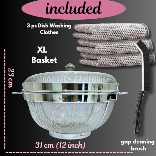 Image of Febzona Fruit basket with lid net cover stainless steel fruit vegitable storage basket for dining table kitchen home (XL)