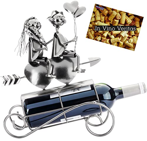 BRUBAKER Weinflaschenhalter Liebespaar auf Herz Pfeil - Metall Flaschenhalter Paar mit Ballons und Blume - 34 cm Dekoration Flaschenständer mit Grußkarte - Wein Geschenk zum Valentinstag