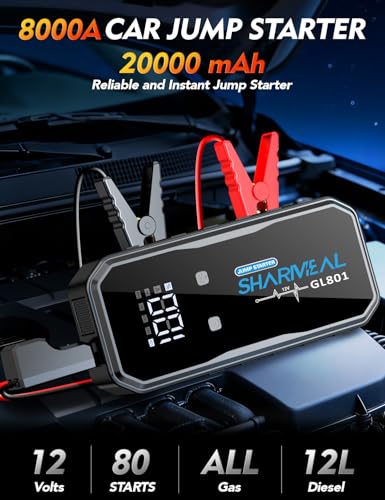 Image of Sharmeal Jump Starter 8000A Battery Jumper Starter Portable 12000mAh Power Bank Pack for Up to All Gas & 12.0L Diesel Engines, 12V Portable Jump Box with 3 Modes Flashlight and Jumper Cab
