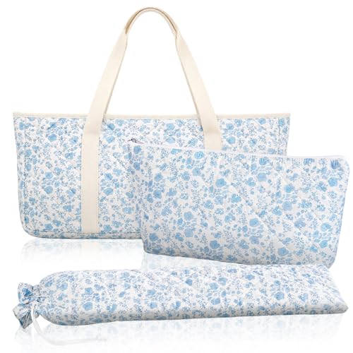 Bornerwhite 3 Pcs Empty Mahjong Bag Set Thickened Floral Quilted Bags Set with Mahjong Carrying Tiles Bag Racks and Card Pusher Drawstring Bags Mah Jong Accessories and Gifts for Women(Blue)