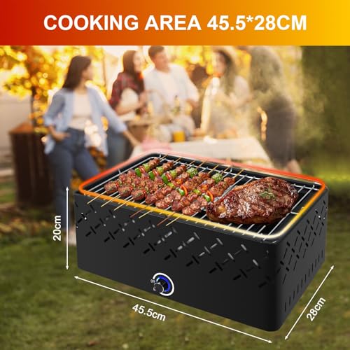 kisidus Holzkohlegrill Tischgrill mit Lüfter, Camping Grill mit eingebauten Gebläse, Rauchfreier Kohlegrill 45,5 x 28 cm Grillrost, Tragbarer Grill für Outdoor und Indoor, Schwarz
