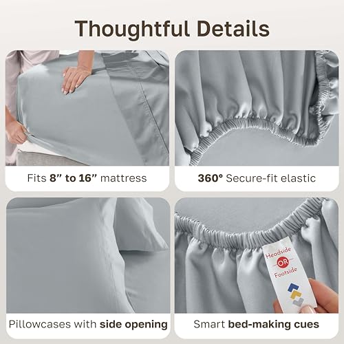 Image of California Design Den Queen Size Sheet Set - Luxury 600 Thread Count Sateen, 100% Cotton Sheets, Deep Pockets with All Around Elastic for a Snug Fit, Hotel Quality Bedding Set - Light Grey