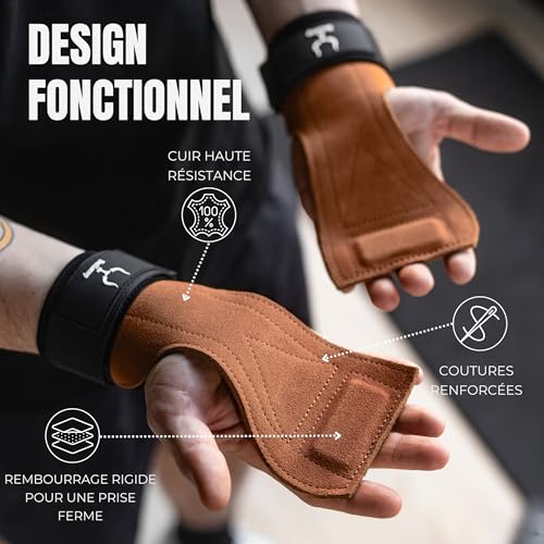 Manique Crossfit Gants Cuir | Sangle Musculation Poignet | Manique Gym | Grips Protection Homme Femme | Sangle de Tirage pour Gymnastique, Fitness, Haltérophilie – Image 3