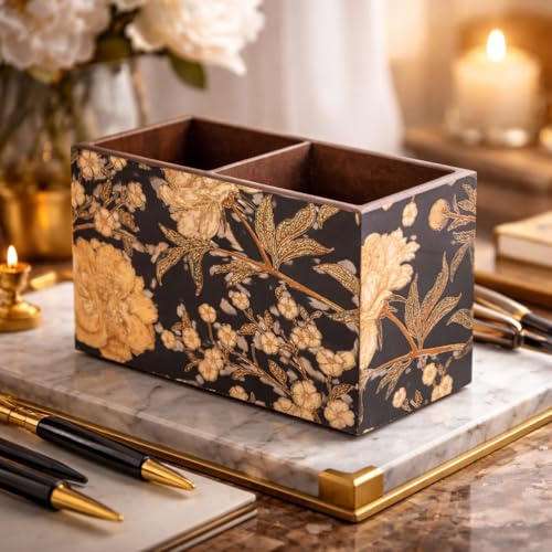 Image of Wooden Cutlery Holder with 2 Sections | Black Floral Design Spoon Stand | Cutlery stand for dining table & Kitchen | Chammach Stand| Cutlery holder for dining table(10 x 16 x 12 cm)