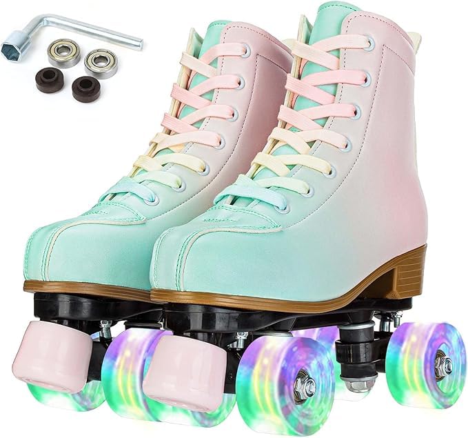 Simcat PU Leather Roller Skates for Women - High-top Adult Roller Derby Skates Wheels Light up Roller Skates Double-Row Four Wheels for Girls Boys Kid Beginner Indoor Outdoor (Green Pink 37)