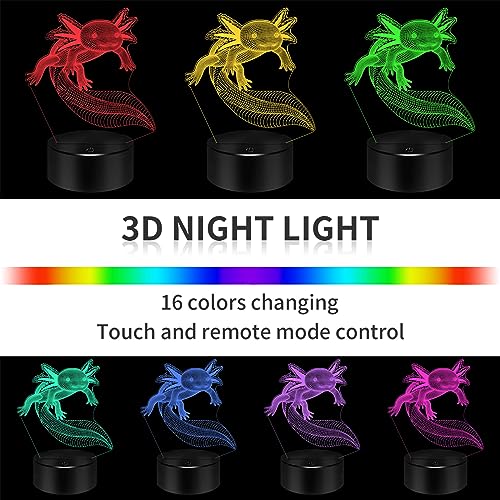 Image of BASSI Axolotl Gifts 3D Axolotl Night Light 3D Illusion Lamp, 16 Colors Changing with Remote Kids Bedroom Decor, Birthday for Boys Girls