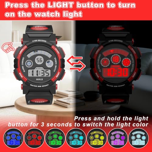 Image of Edillas Kids Digital Watch 7 Colors 50M Waterproof Sport Alarm Boys 7-15 | 7 Color Lights, 50M Waterproof, Alarm, Stopwatch, Easy to Read, Comfort Strap, Great Sport Watch for Outdoor Ages 7-15