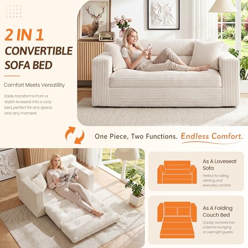 Image of Erament Boneless Loveseat Sofa Couch, 2 in 1 Convertible Sofa Bed with Pillows, Fold Out Bean Bag Chair Boneless Floor Couch for Living Room Bedroom Office Lounge Apartment, No Assembly Needed, Beige