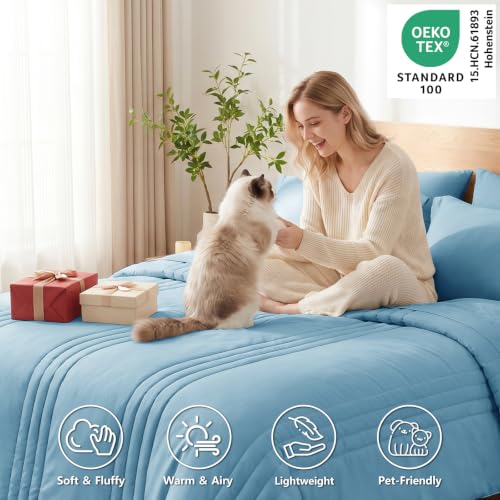 Image of CozyLux Full Size Comforter Sets Aqua Blue - 7 Pieces Bed in a Bag, Modern Vertical Quilted Room Decor, Soft All-Season Bedding Gift with Comforter, Sheets, Pillowcases & Shams