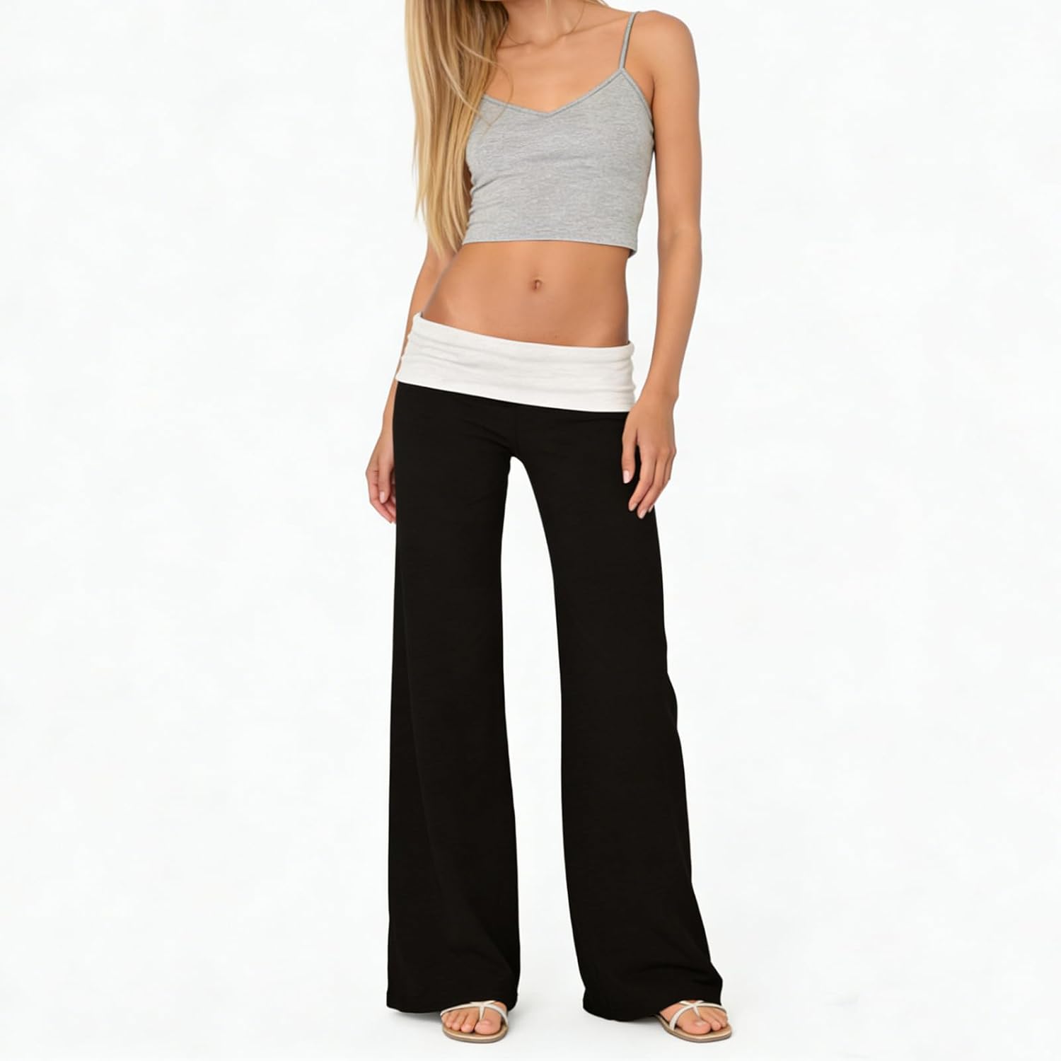 fomoyuu lounge yoga pants for women fold over low waist wide leg sweatpants flare leggings bell bottoms y2k foldover pants large black+white