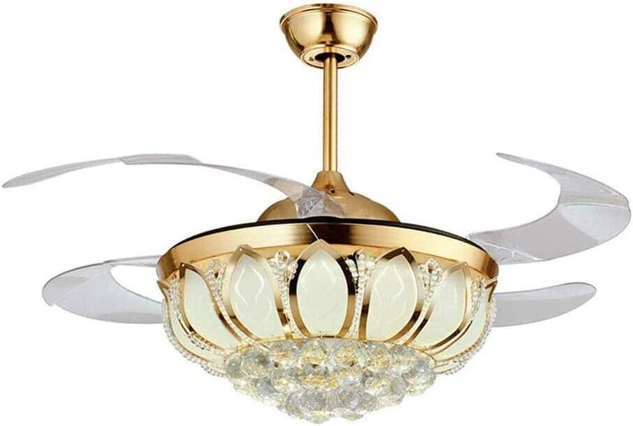 TFCFL 42" Crystal Ceiling Fan with Light, Modern Invisible Chandelier with Controller Retractable Blades Dimmable Pendant Lighting Fixture for Decorate Living Room Dining Room Restaurant (Gold)