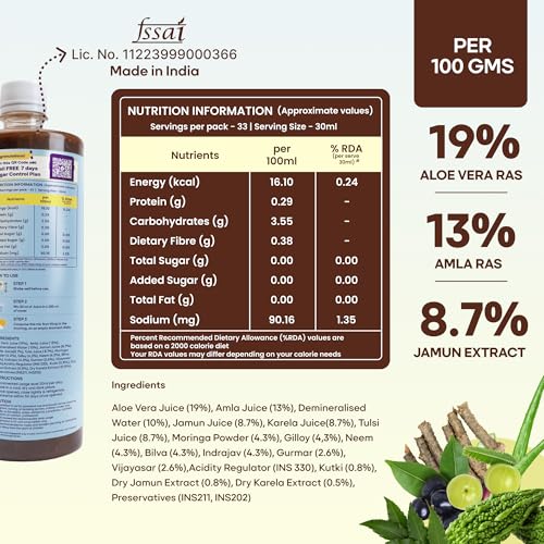 Image of Sugar.fit | Active foods Sugar Control Juice 1 L | Diabetic Care | Neem Karela Jamun Juice, made with 13 natural herbs | Helps manage weight, cholesterol, blood sugar, no added sugar (Pack of 1)